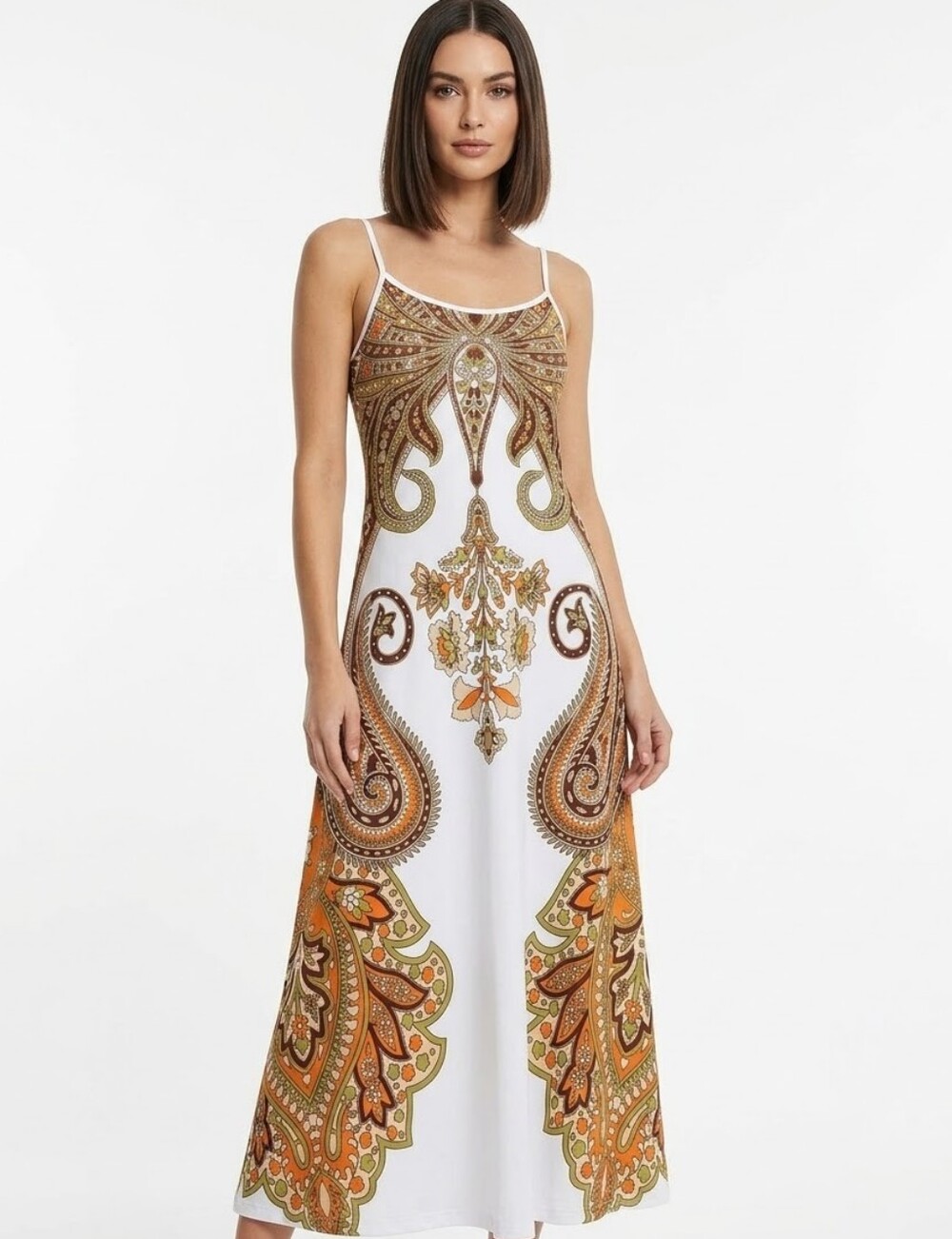 Women's White Paisley Print Maxi Lounge Nightgown Brown & Orange Small